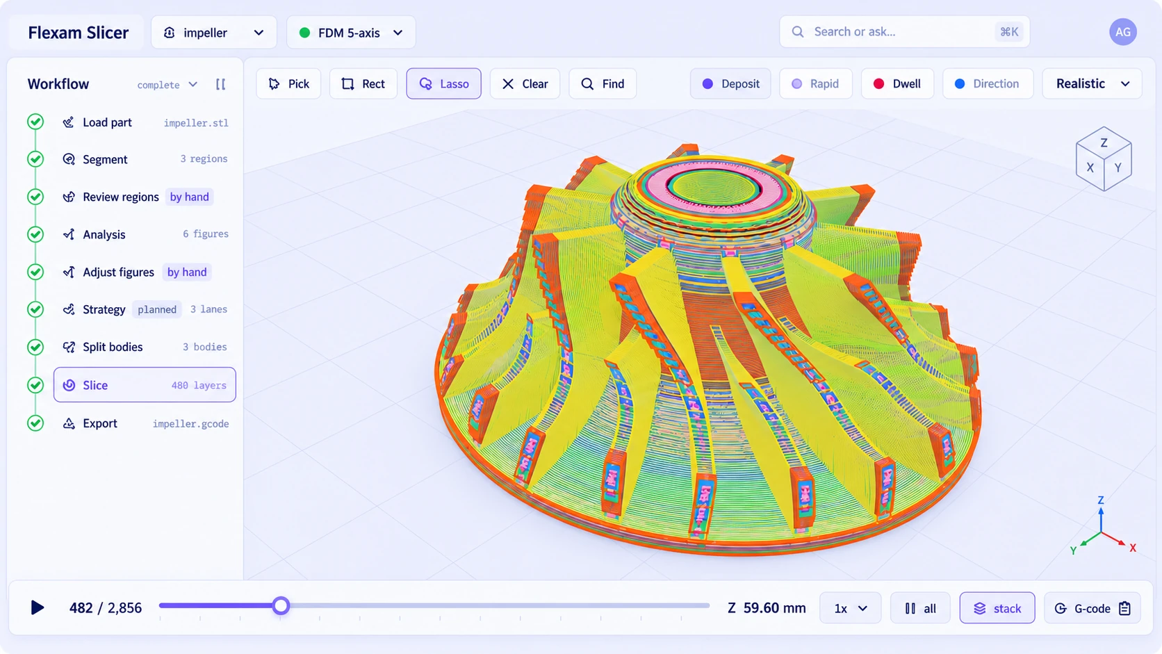 Flexam Slicer interface illustration — toolpaths on an impeller