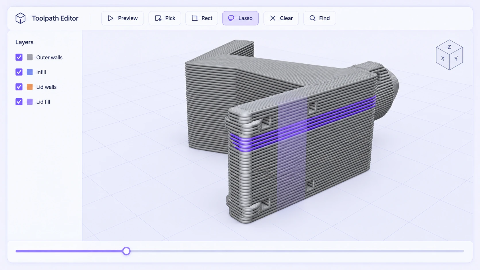 Flexam Toolpath Editor interface illustration — selected paths on a layered part